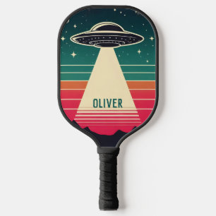 Vintages UFO bei Sonnenuntergang Personalisiert Pickleball Schläger