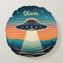 Vintages UFO bei Sonnenuntergang Personalisiert Rundes Kissen