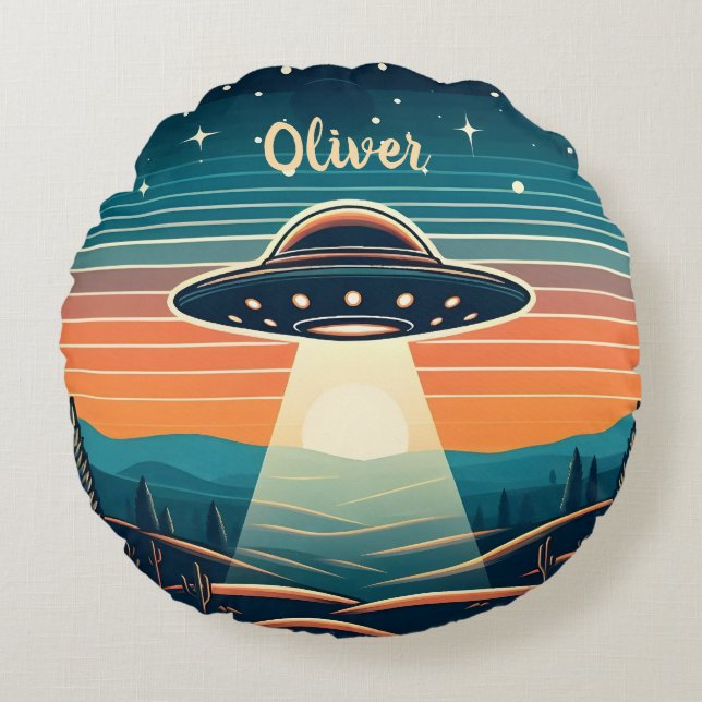 Vintages UFO bei Sonnenuntergang Personalisiert Rundes Kissen (Vorderseite)