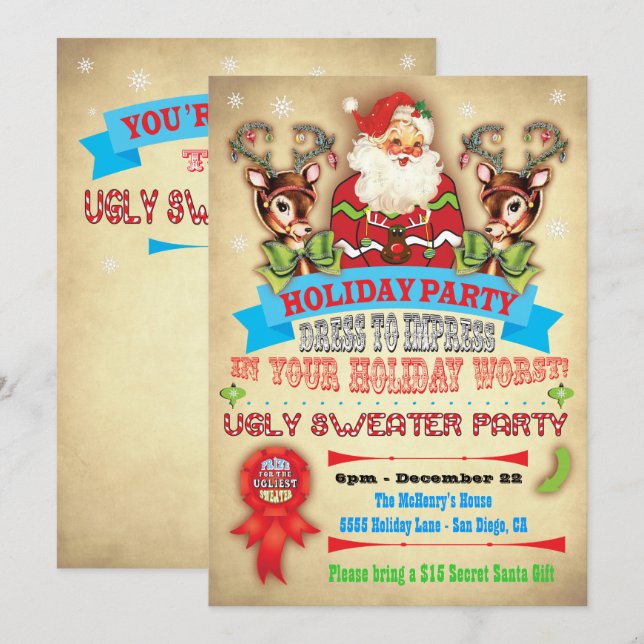 Vintages Ugly Sweater Weihnachts-Party-Poster lade Einladung (Vorne/Hinten)