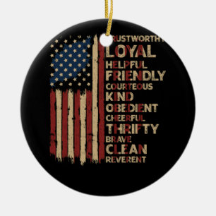 Vintages US-amerikanisches Flag-Pfadfindergesetz Keramik Ornament