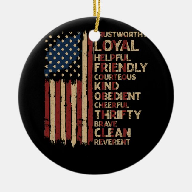 Vintages US-amerikanisches Flag-Pfadfindergesetz Keramik Ornament (Vorne)