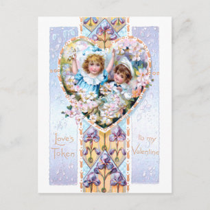 Vintages Valentin mit Kindern und Lila Iris Postkarte