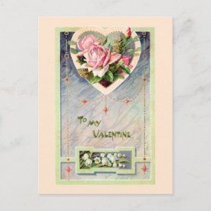 Vintages Valentin mit rosa Rosen Postkarte