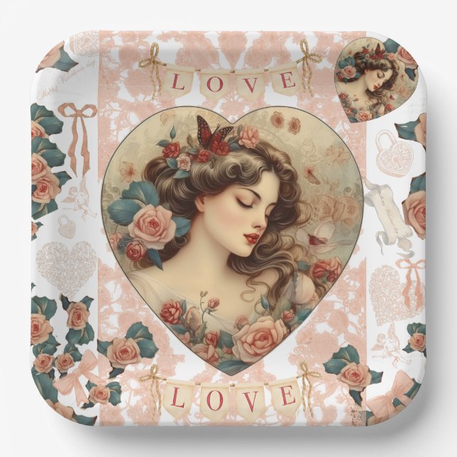 Vintages Valentine-Party Pappteller (Vorderseite)