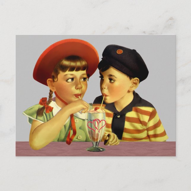 Vintages Valentine Sharing a Ice Cream Float Postkarte (Vorderseite)
