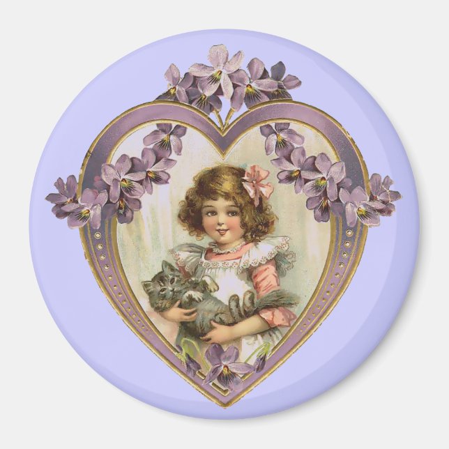Vintages Valentinherz Girl & Kitty Magnet (Vorne)
