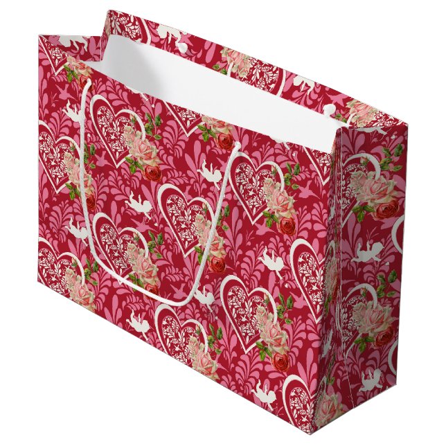 Vintages Valentinstag Blumenmuster Große Geschenktüte (Vorderseite Schrägansicht)