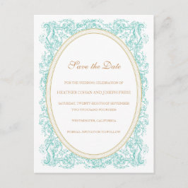 Vintages Verziertes Blau und Gold Save the Date Ankündigungspostkarte