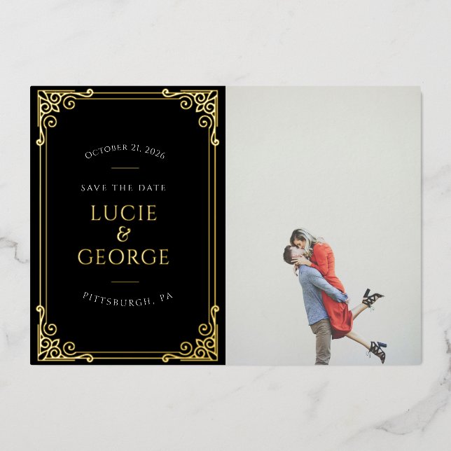 Vintages Verziertes Frame Foto Save the Date Folieneinladung (Vorderseite)