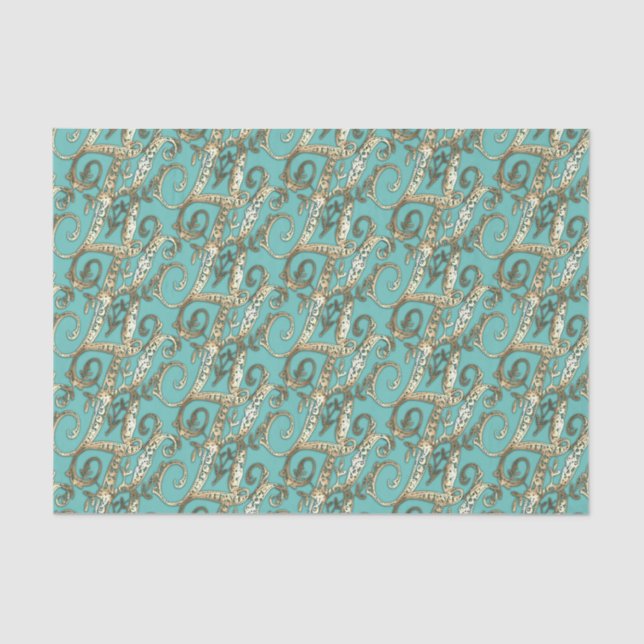 Vintages Verziertes Gold-Monogramm-K-Tissue Paper Seidenpapier (Vorderseite)