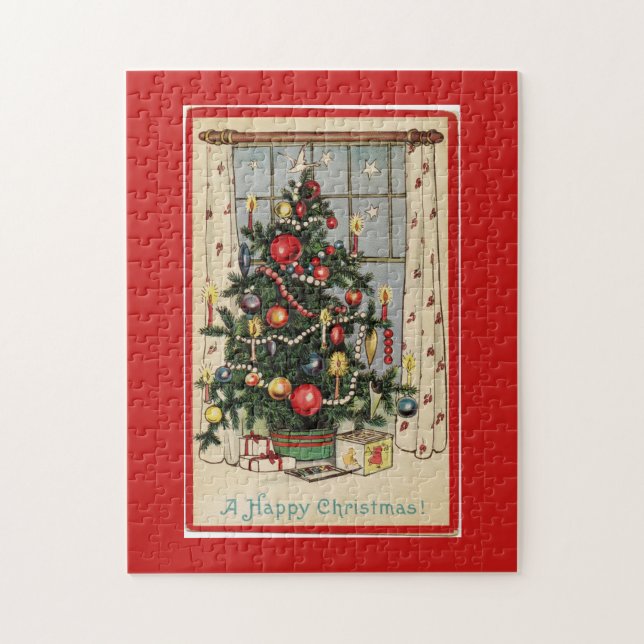 Vintages verziertes Weihnachtsbaum-Rot Puzzle (Vertikal)