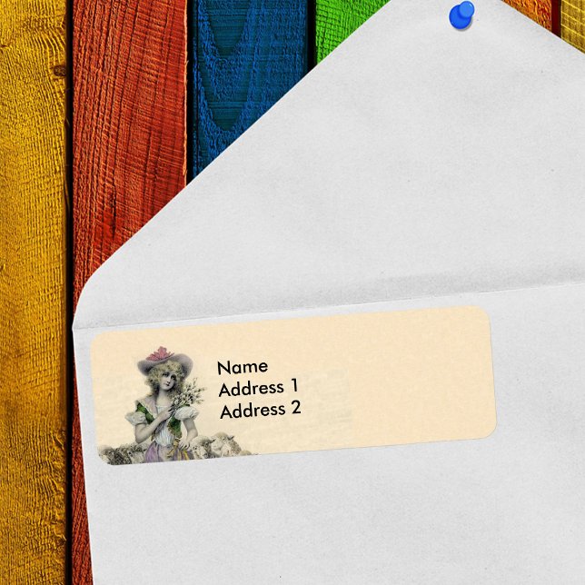 Vintages Viktorianisches Bo Peep Sheep Fairy Tale (Victorian era Little Bo Peep with flowers and sheep on light peach return address label.)