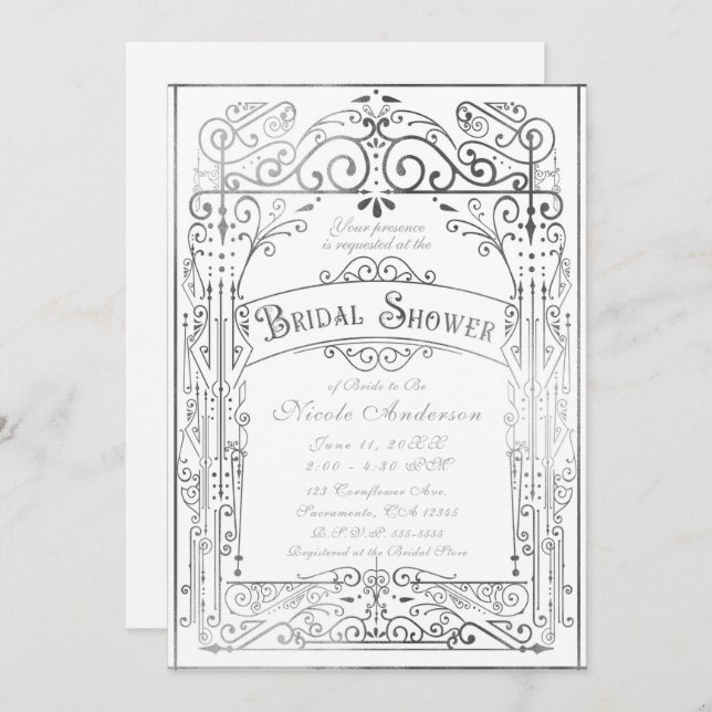 Vintages Viktorianisches Brautparty weiß und silbe Einladung (Vorne/Hinten)