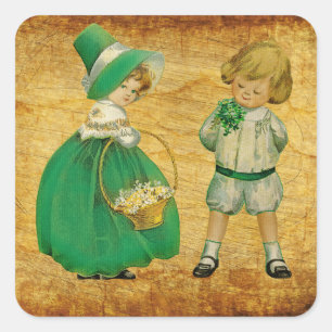 Vintages Viktorianisches Girl und Boy St Patrick Quadratischer Aufkleber