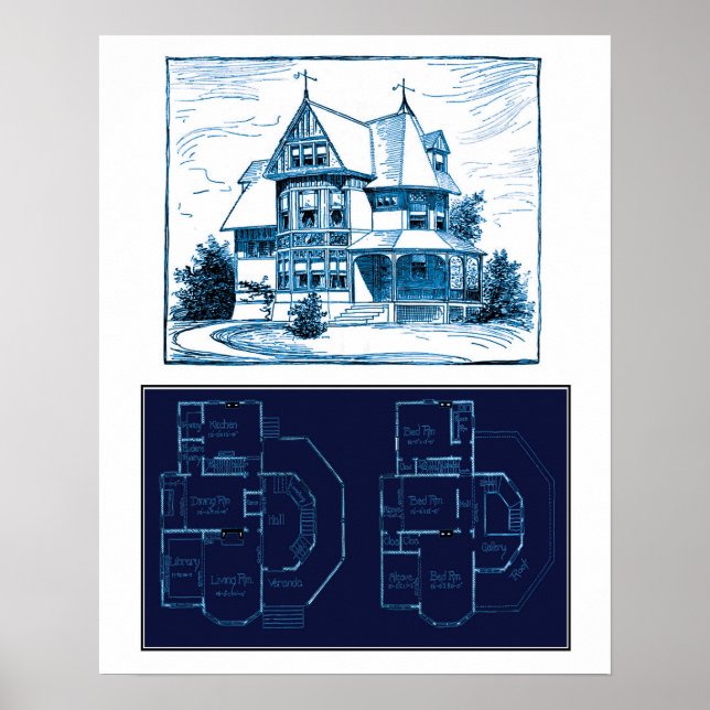 Vintages Viktorianisches Haus Blueprint Poster (Vorne)