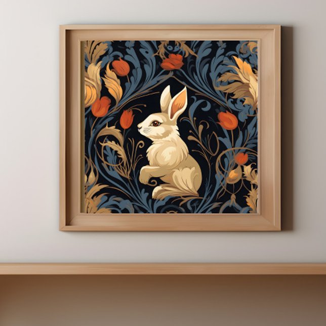 Vintages Viktorianisches Kaninchen Poster (A print of a vintage Victorian rabbit is in a frame on a wall.)
