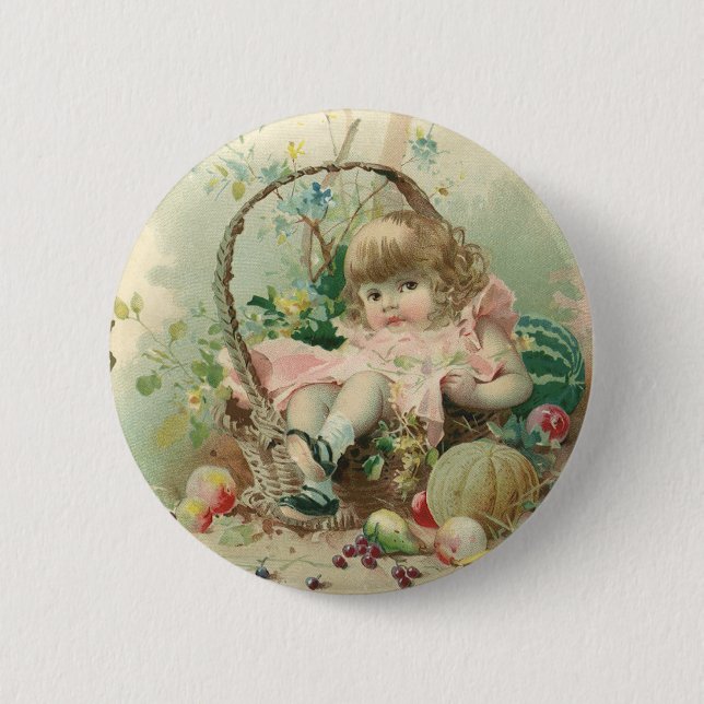 Vintages Viktorianisches Kind, Frühlingskorb für M Button (Vorderseite)