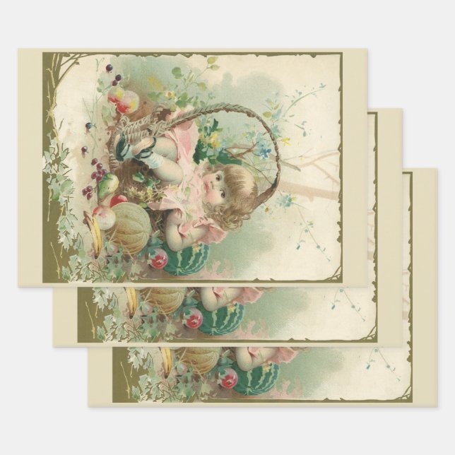 Vintages Viktorianisches Kind, Frühlingskorb für M Geschenkpapier Set (Set)