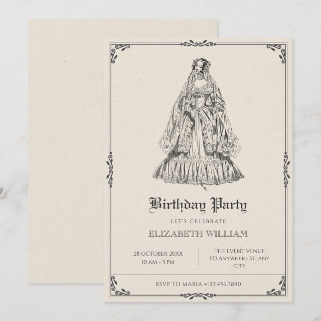 Vintages viktorianisches Kleid Geburtstag Einladung (Vorne/Hinten)