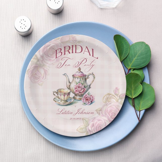 Vintages Viktorianisches rosa Roses Brauttee Party Pappteller (Vintage Victorian pink roses bridal tea party monogrammed customized Paper Plates personalized decor)