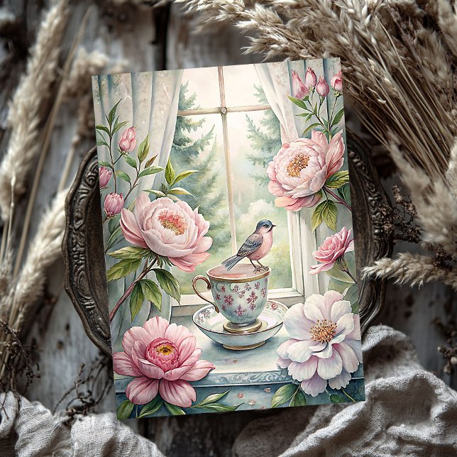 Vintages Vogelschwarz-Rosa-Erdnussfenster Seidenpapier (Watercolor vintage bird blush pink peonies window tissue paper)