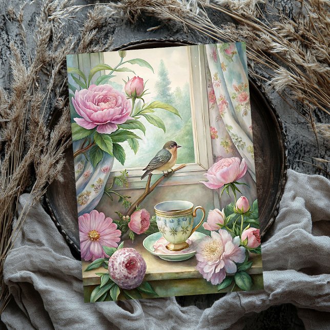 Vintages Vogelschwarz-Rosa-Erdnussfenster Seidenpapier (Watercolor vintage bird blush pink peonies window tissue paper)