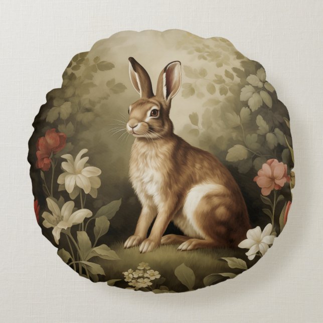 Vintages Waldhollbit im Blumenwald Rundes Kissen (Vorderseite)