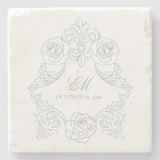 Vintages Wappen Monogram Dusty Blue Wedellogo Steinuntersetzer (Vorderseite)