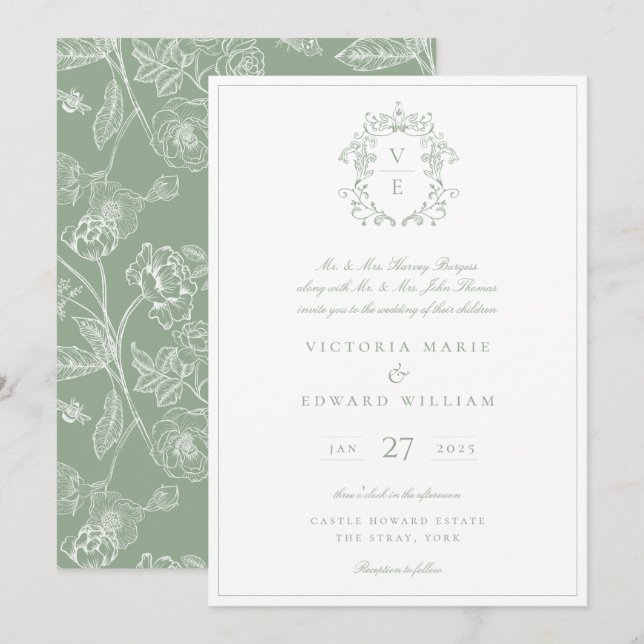 Vintages Wappen Monogram Wedding Sage Einladung (Vorne/Hinten)