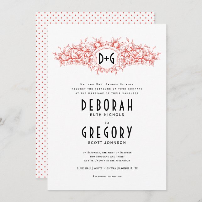 Vintages Wappen und Initialen Einladung (Vorne/Hinten)