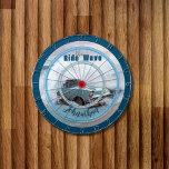 Vintages Wasserfahrzeug-on-Beach-Zitat "Reiten Sie Dartscheibe<br><div class="desc">Vintages Wasserfahrzeug,  Auto on Beach im Ozean "Ride The Wave" Quote Dart Board</div>