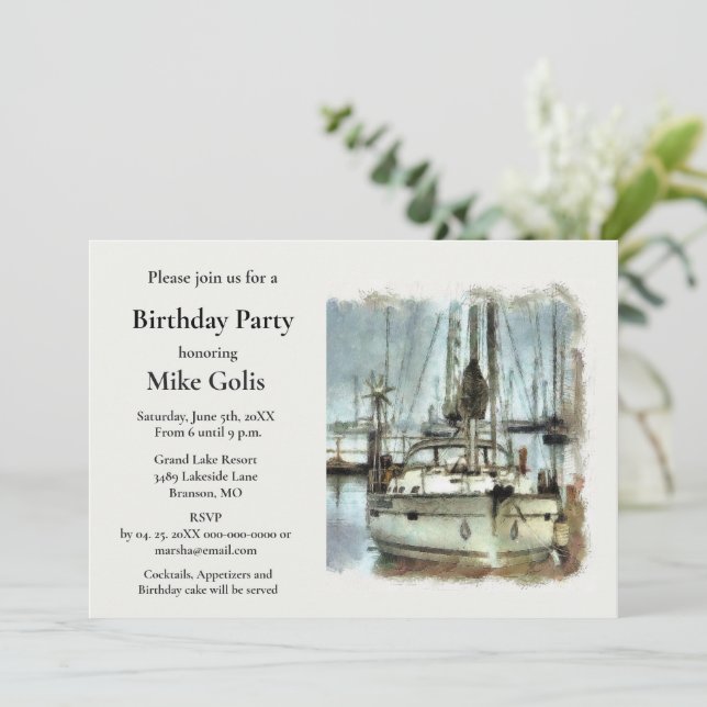 Vintages Wasserfarbenboot Mens Geburtstag Einladung (Stehend Vorderseite)