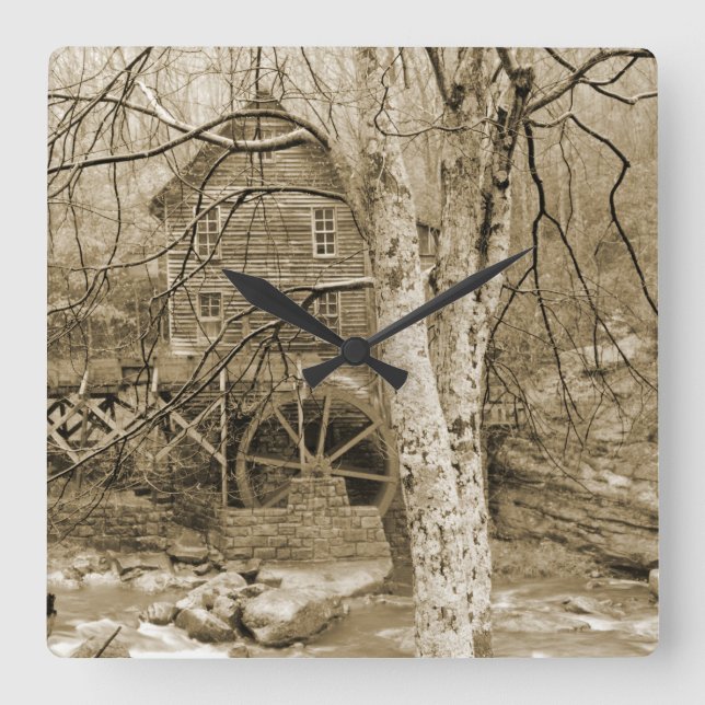 Vintages Wasserrad Quadratische Wanduhr (Vorderseite)