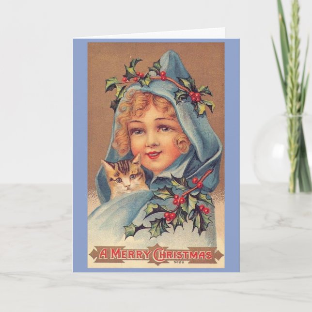 Vintages Weihnachten - Mädchen und ihr Kätzchen, (Vorderseite)