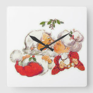 Vintages Weihnachten Sankt, die Frau Klaus küsst Quadratische Wanduhr