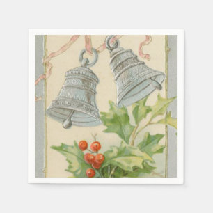 Vintages Weihnachten silberne Bell u. Stechpalme Serviette