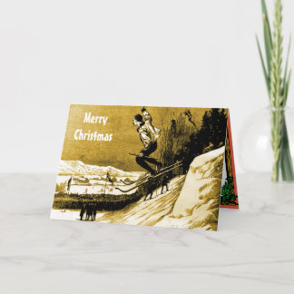Vintages Weihnachten, Skirennensieger, Gold Feiertagskarte