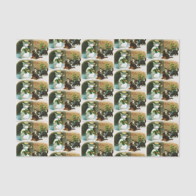 Vintages Weihnachtsfeiertag Snowman-Katzen-Party Seidenpapier (Vorderseite)