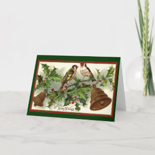 Vintages Weihnachtsgold Bell und Vögel Feiertagskarte