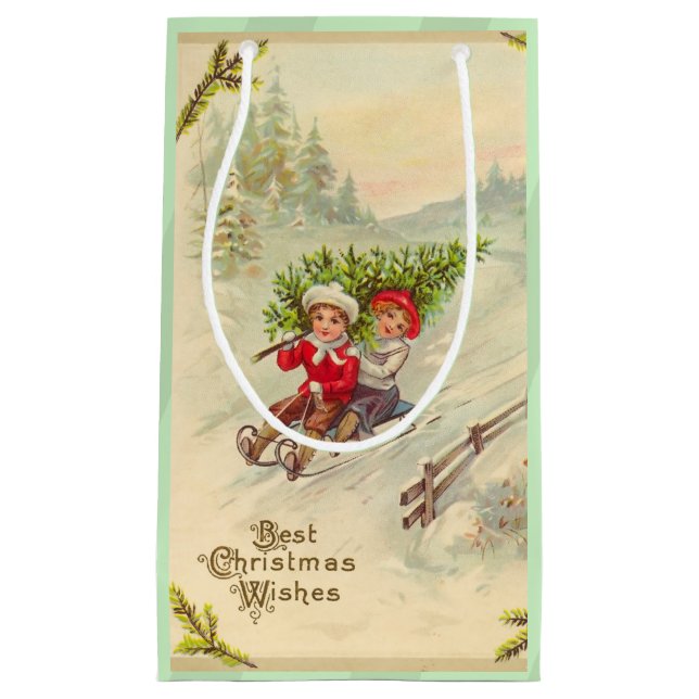 Vintages WeihnachtskinderSledding Kleine Geschenktüte (Vorderseite)