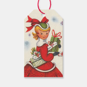 Vintages Weihnachtsmädchen der 50er Jahre Geschenkanhänger