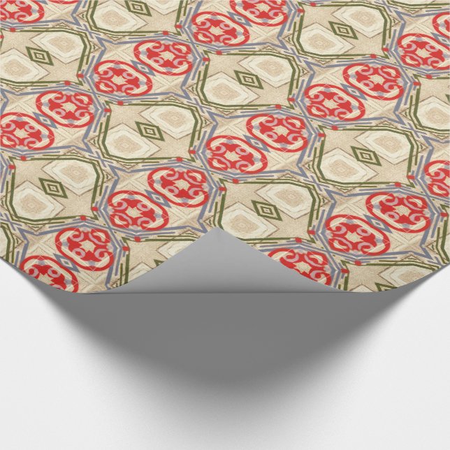 Vintages Weihnachtsrote grünes Goldarabeske Geschenkpapier (Ecke)