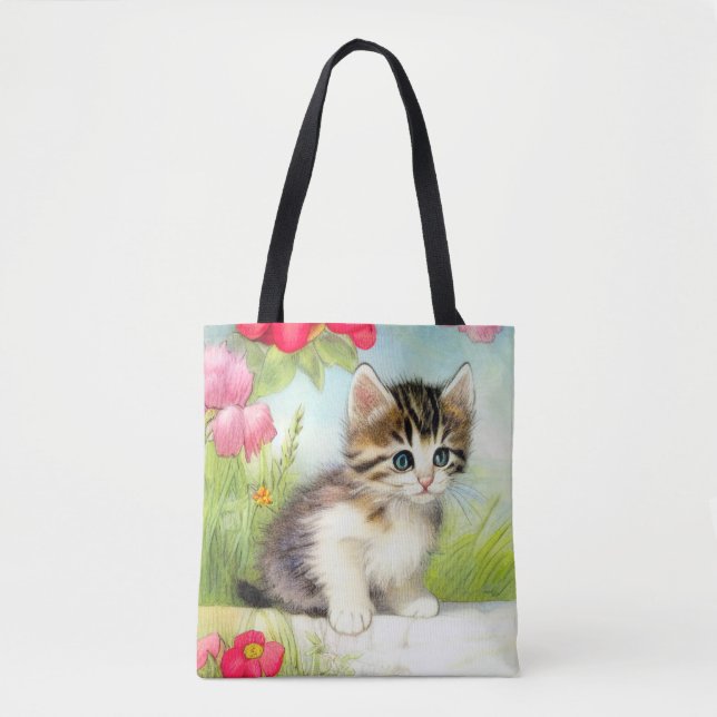 Vintages Weiß und Brown Kitten mit Blume (Vorderseite)