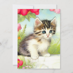 Vintages Weiß und Brown Kitten mit Blume Ankündigung