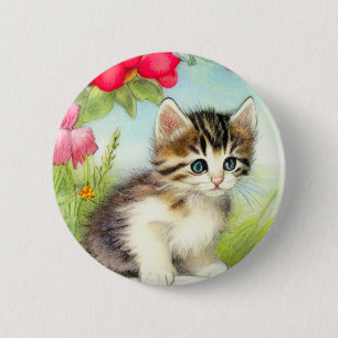 Vintages Weiß und Brown Kitten mit Blume Button
