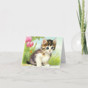 Vintages Weiß und Brown Kitten mit Blume Einladung