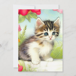 Vintages Weiß und Brown Kitten mit Blume Einladung