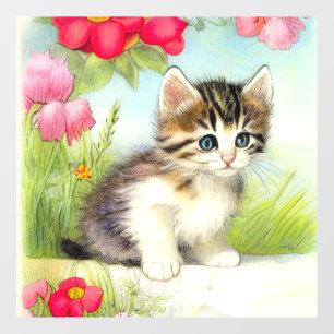 Vintages Weiß und Brown Kitten mit Blume Fensteraufkleber