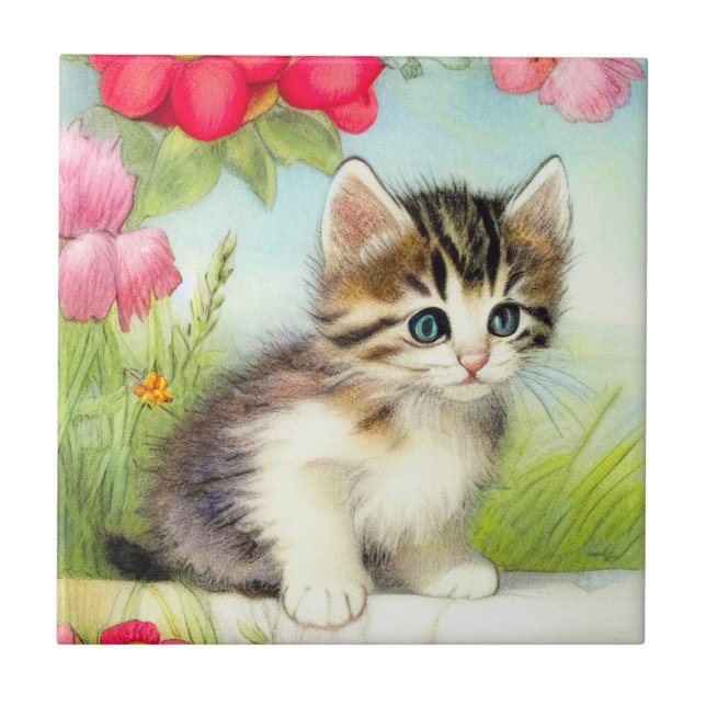 Vintages Weiß und Brown Kitten mit Blume Fliese (Vorderseite)